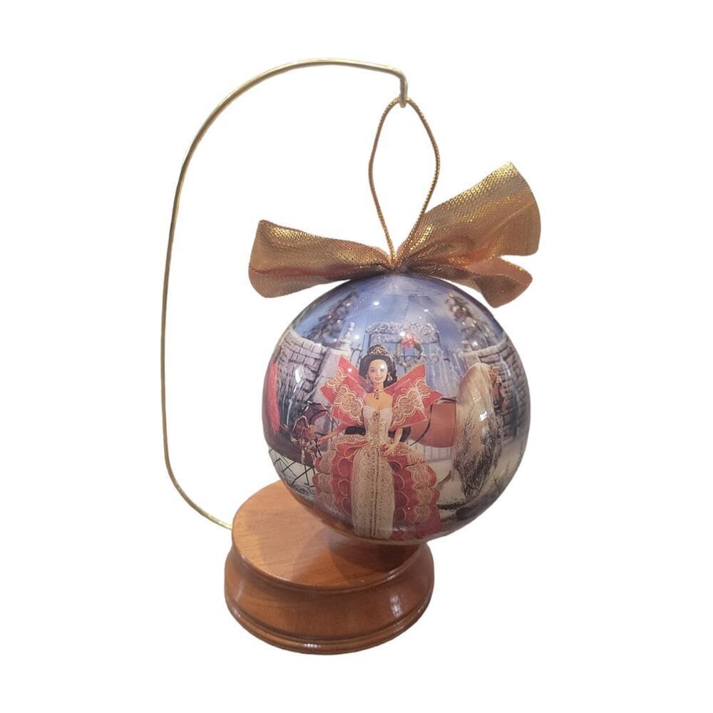 Vintage 1997 4" Holiday Barbie Decoupage Ornament Wooden‎ Stand IN BOX Christmas